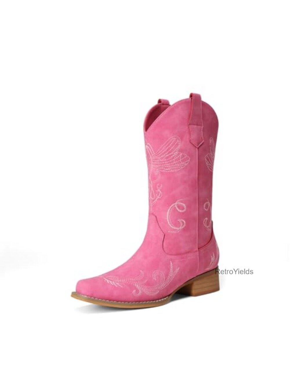 Mid Calf Cowboy Boots Faux Leather Block Heel Women's Western Embroidered